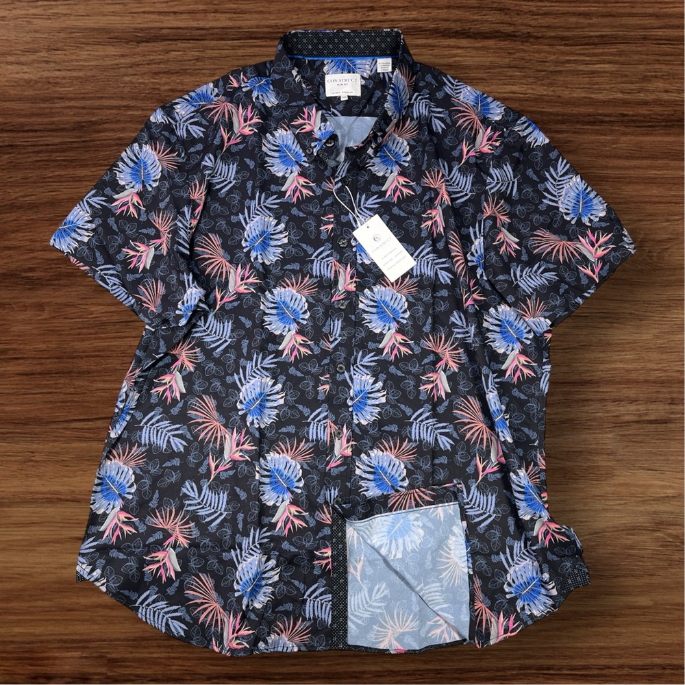 Con.Struct Men’s Black Floral SS Button Down Shirt. Slim Fit Stretch. Size 3XL